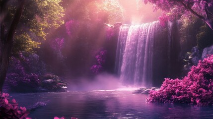 A majestic waterfall cascades amidst lush greenery and vibrant pink flowers, creating a magical scene that embodies tranquility and the beauty of nature.