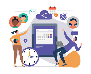 Teamwork and project management in digital workspace. People collaborate online, manage time, tasks, and communication via shared platform.