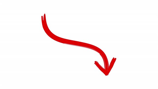 Hand drawn red brush arrow curving downward to the right on a clean white background animation. for emphasis in presentations, marketing videos, call to actions, or animated explainer content