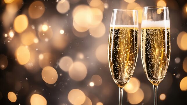 Two elegant champagne glasses clink together in a festive atmosphere, surrounded by twinkling lights, celebrating a joyful moment of success, love, or new beginnings.