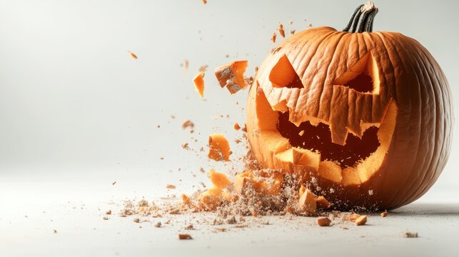 A festive jack-o'-lantern explodes, scattering pieces in a dynamic burst, capturing the playful spirit of Halloween while emitting a sense of fun and excitement.