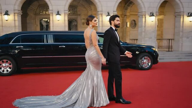 Elegant couple arriving at gala event on red carpet