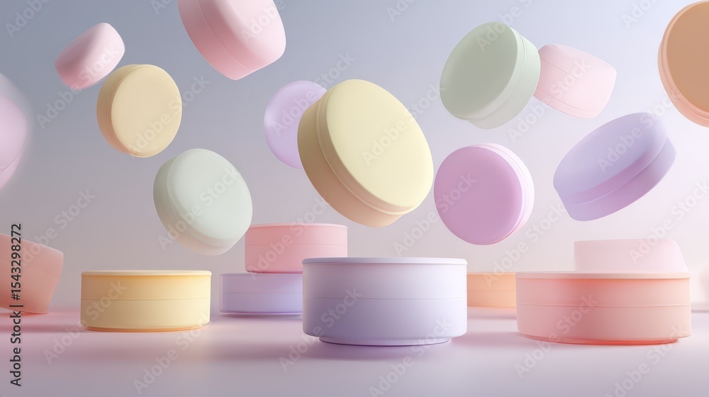 Poster pastel colored cylinders floating and arranged on platforms a modern minimalist product display