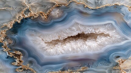 Naklejka premium Stunning Blue Agate Geode Slice with Crystal Quartz Interior and Golden Inclusions