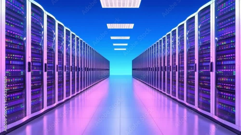 Poster data center corridor: a striking perspective down the gleaming corridor of a state-of-the-art data c