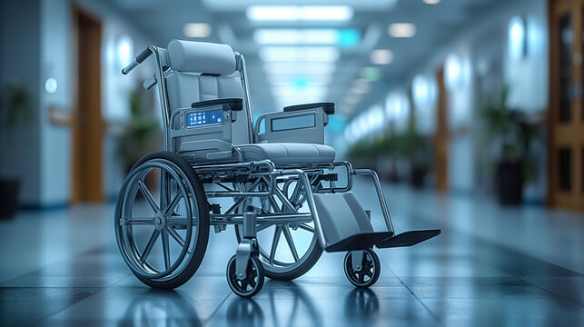 Classic manual wheelchair positioned in a clean, modern hospital corridor, symbolizing patient mobility, accessibility, and essential healthcare support in a clinical environment.