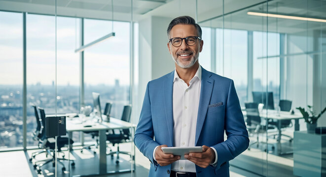 Confident businessman holding tablet in modern office
