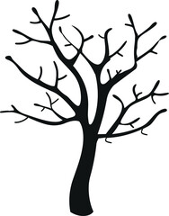 Bare Tree Silhouette Black Branches Against White Background, Illustration Style