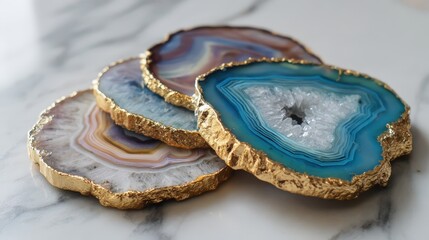 Naklejka premium Elegant Agate Coasters with Gold Accents Beautiful Natural Stone Set for Home Decor