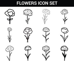 Black and White Flower Line Art Icon Set Different Floral Designs and Variations