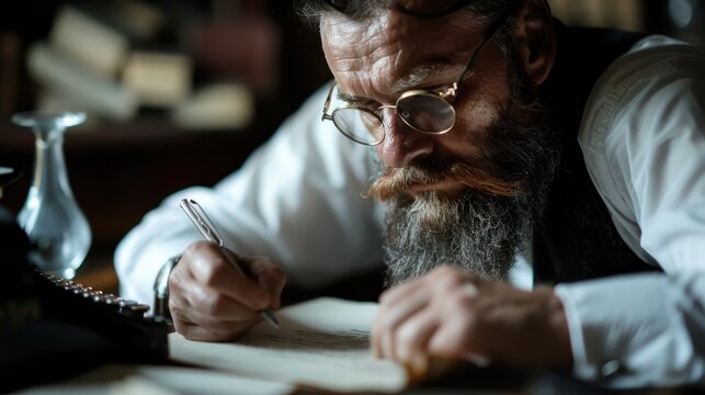 A thoughtful scholar, immersed in writing with a classic pen, showcases an atmosphere rich in knowledge and dedication, accented by an antique typewriter and warm light. - Powered by Adobe