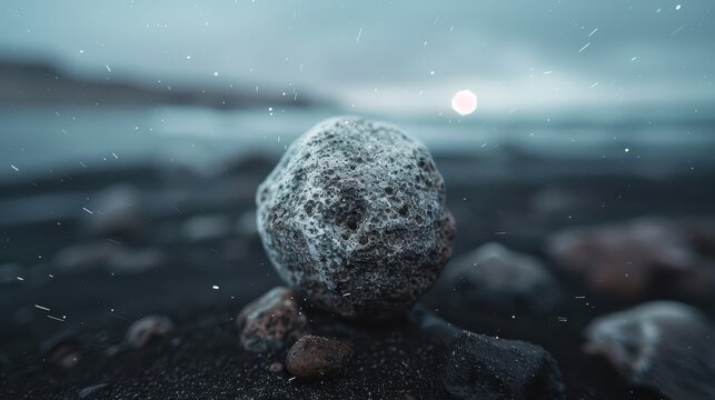 A solitary stone rests prominently on a rugged beach, enveloped in mist and sand, creating an atmospheric backdrop that evokes feelings of solitude and introspection.
