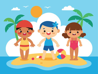 Happy children playing on a tropical beach island isolated on white background