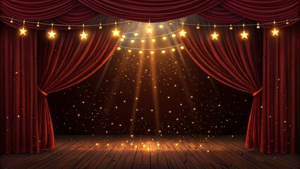 Theatrical stage with red velvet curtains, sparkling golden lights, and spotlights.