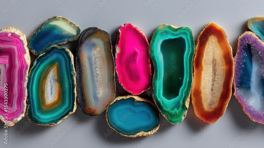 Poster vibrant agate slices with golden edges arranged in a row on grey background perfect for designs and 