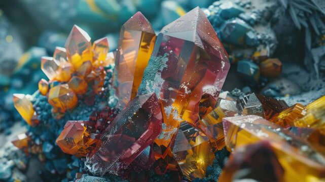 Mineral specimens of amber, topaz and fluorite in water.