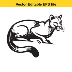 Monochromatic Vector Silhouette of a Cougar in a Laying Position, Wildlife Illustration, Simple Graphic Design for Prints