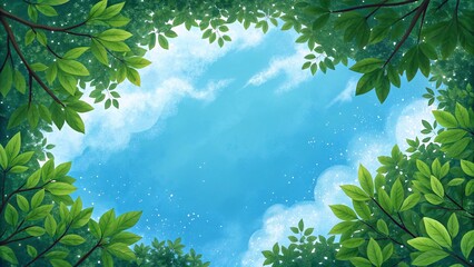 Watercolor illustration green leaves tree branch frame with cloudy blue sky.