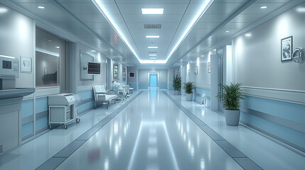 Bright, sterile hospital corridor with modern medical equipment, white walls, soft blue accents, and symmetrical lighting in a futuristic healthcare facility interior.