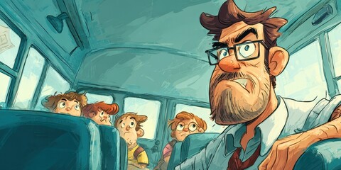 Grumpy bus driver watches children.