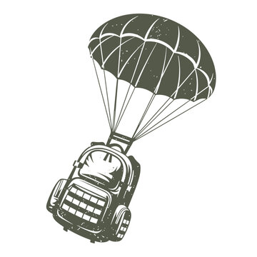 military backpack flying on a parachute illustration