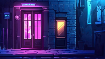Night scene of a city street.  Neon lights illuminate a building