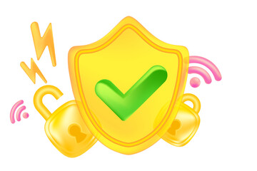 Cute gold 3D security shield with green check mark icon, security locked, unlocked padlock protection design element isolated, transparent background. Glowing glass texture cyber data illustration.