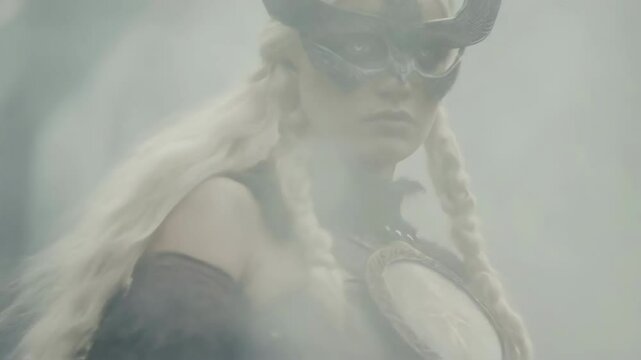 Female viking warrior standing in misty forest, wearing detailed leather armor with glowing runic symbol and ornate horned mask, embodying mythological power and ancient norse tradition