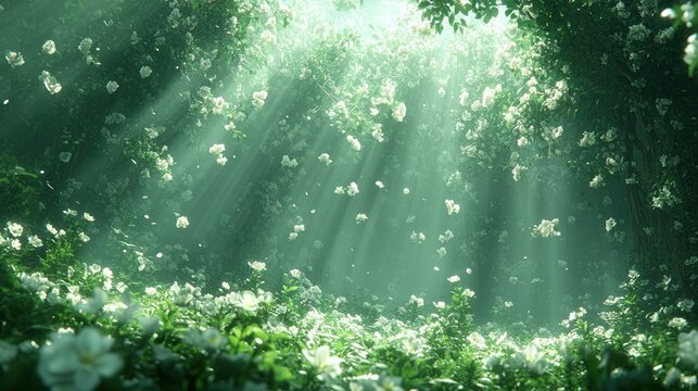 Sunlit white flower forest