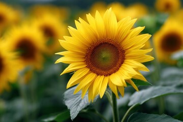 A sunflower in focus with many sunflowers blurred in the background