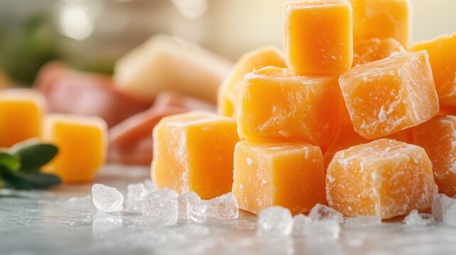 This image features a close-up of vibrant yellow cheese cubes arranged on a light surface, showcasing both their texture and color against a blurred background.