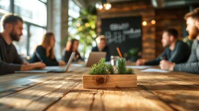 A diverse group of professionals collaborates around a wooden table in a modern workspace, highlighting teamwork and the exchange of innovative ideas in a creative environment.