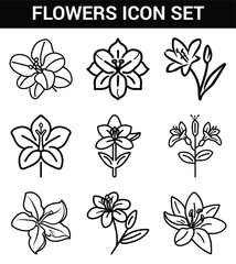 Outline Flowers Icon Set Botanical Line Art Illustrations of Various Blossoms on White Background