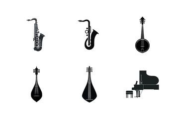 Six musical instruments silhouette set