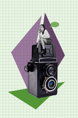 Art collage of person sit sad retro camera on green checkered pattern background