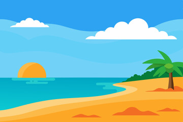 Obraz premium Tropical island beach with palm trees, blue ocean waves, and sunny sky perfect for summer travel vacation
