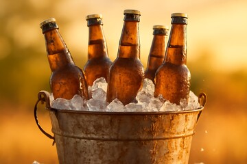Chilled beer bottles in a metal bucket surrounded by ice ready for a summer gathering 