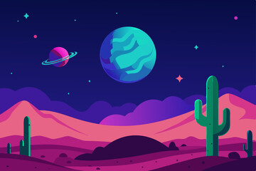 Moonlit night landscape with trees and stars, a dark blue vector illustration