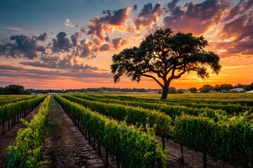 Fototapeta premium Serene sunset over a Texas vineyard, showcasing rows of grapevines and a majestic oak tree. Ideal for wine labels, travel brochures, or agricultural publications.
