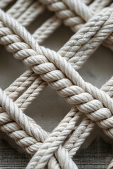 Fototapeta premium Close-up of beige rope grid pattern, showing interwoven cords
