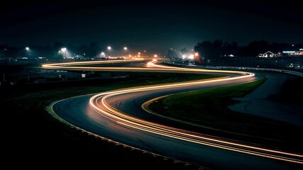 Long exposure photography captures the vibrant light trails of vehicles navigating a sinuous road, creating a mesmerizing spectacle against the backdrop of a tranquil night - Powered by Adobe