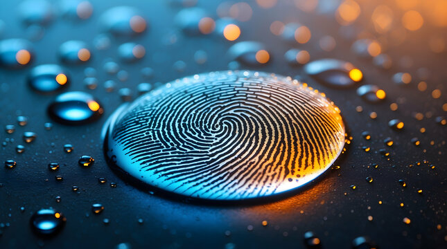 Close-up of a fingerprint on a water droplet, vibrant colors, bokeh effect