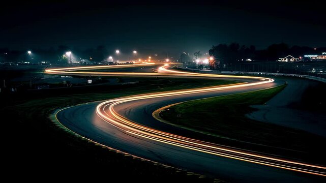 Long exposure photography captures the vibrant light trails of vehicles navigating a sinuous road, creating a mesmerizing spectacle against the backdrop of a tranquil night