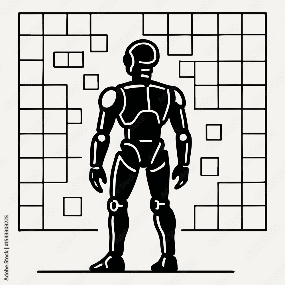 Aufkleber monochrome illustration of a robot standing before a wall of squares evoking themes of artificial in