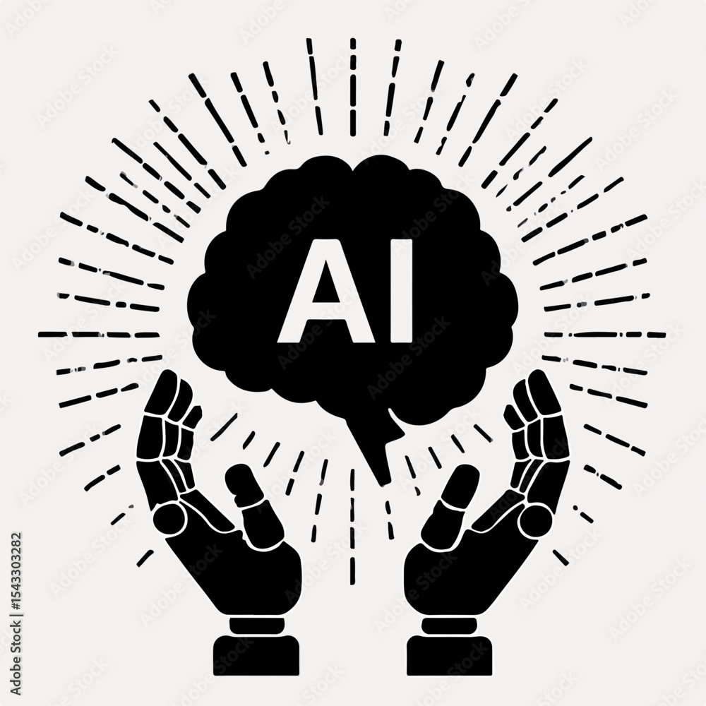 Poster artificial intelligence concept with robot hands and brain shaped cloud representing innovation and 