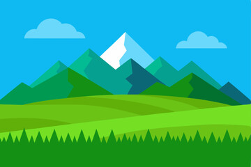 Obraz premium Cartoon nature landscape with green summer forest, trees, grass, and sky with clouds, hills, and mountains