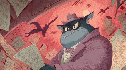 A grumpy, feline detective surrounded by papers and flying creatures.