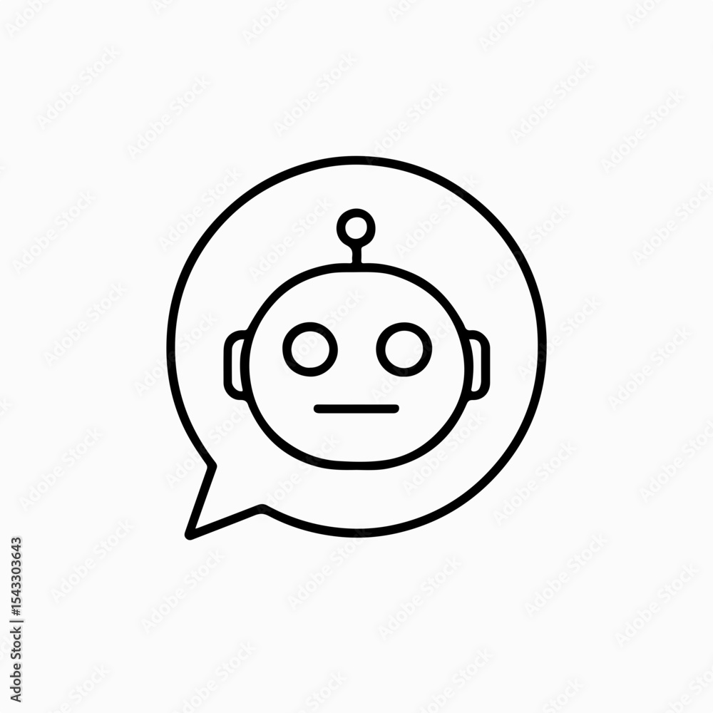 Poster simple line art icon of a robot head inside a speech bubble representing chatbots and artificial int