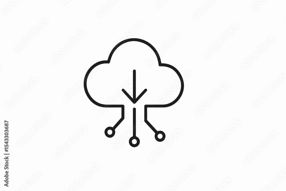 Poster cloud computing download icon with connection points and arrow representing data transfer and networ