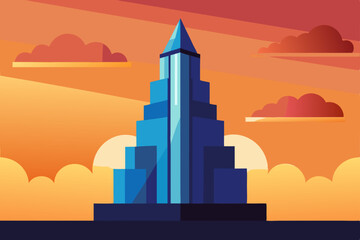 A vibrant vector illustration of a city skyline at sunset, with towering skyscrapers and distant mountains silhouetted against the sky, captures the essence of urban architecture and travel
